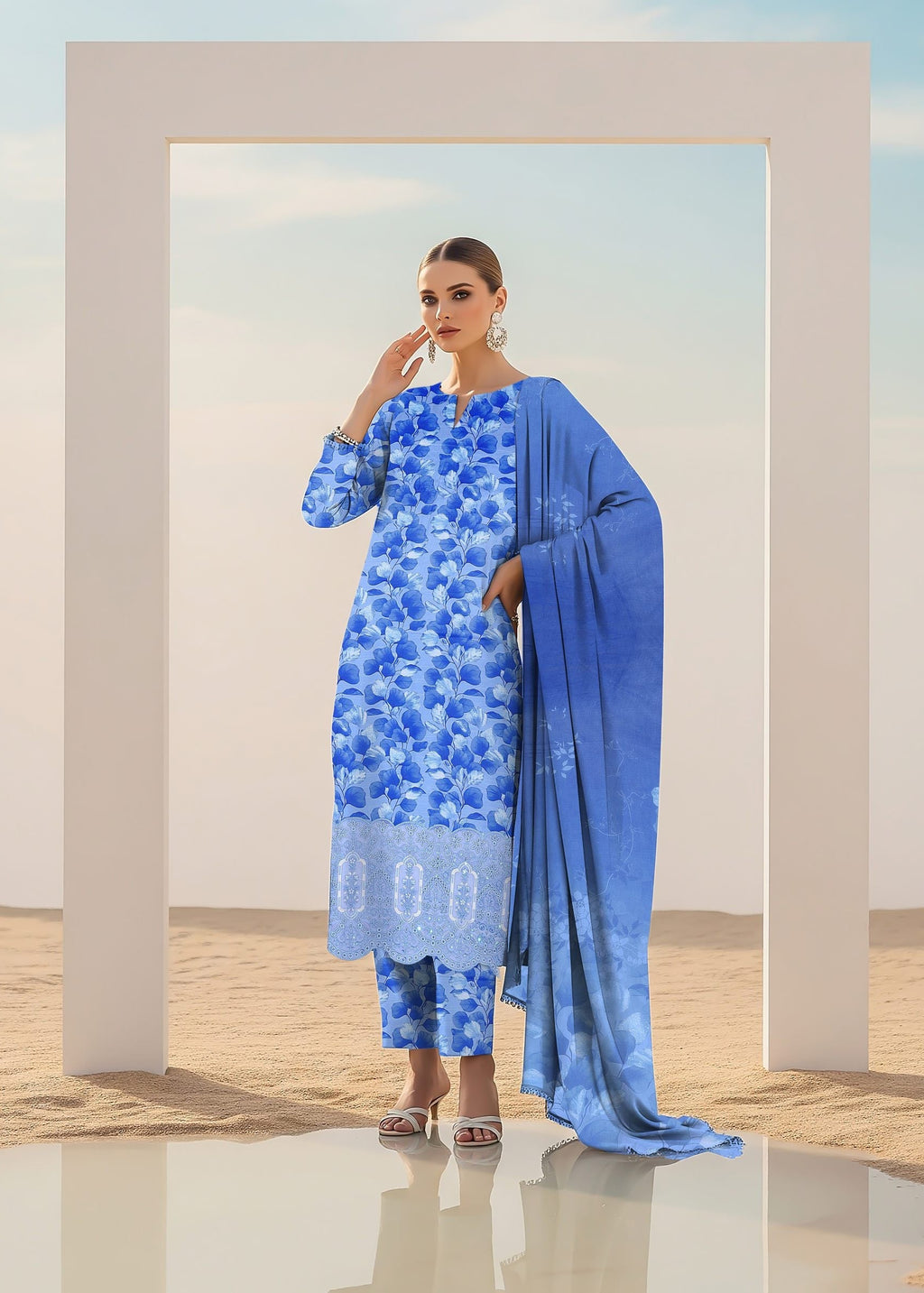 Sky blue digitally printed embroidered dupatta ZAMARANG