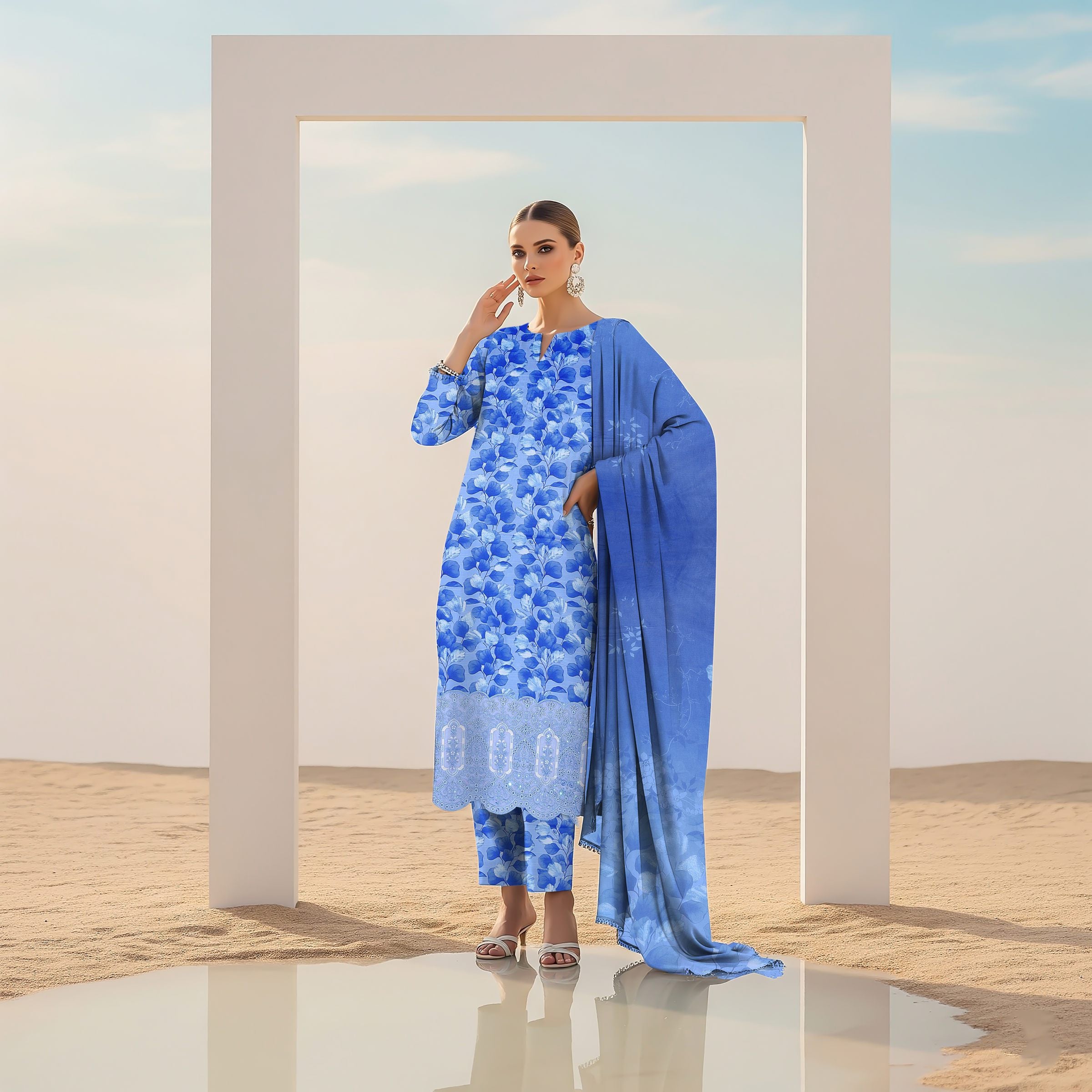 Sky blue digitally printed embroidered dupatta ZAMARANG