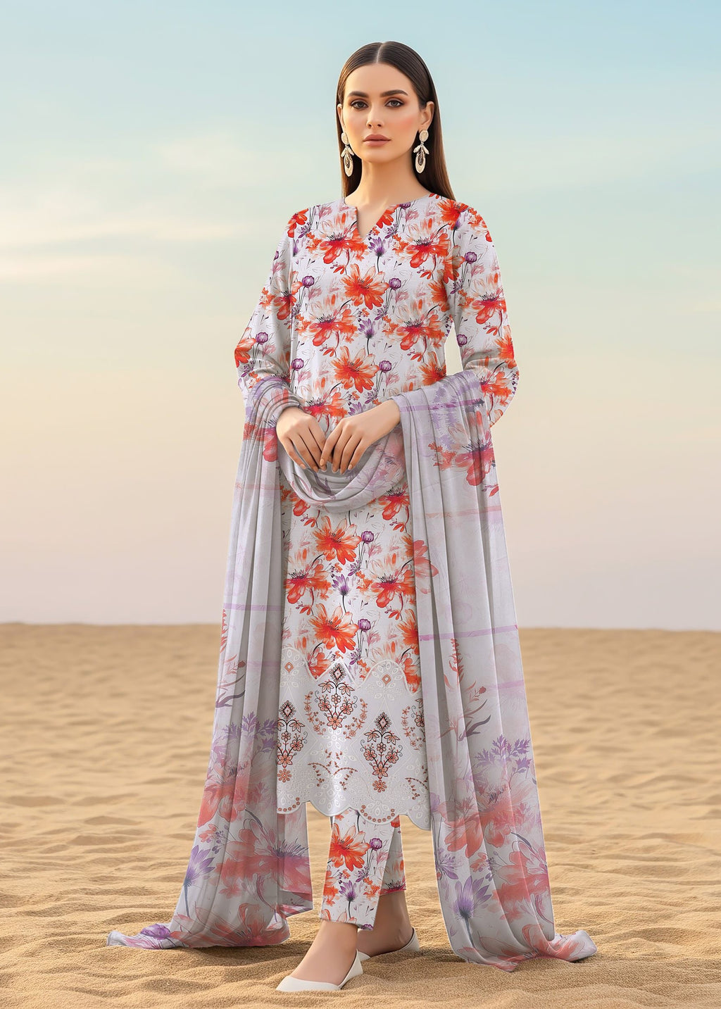 White and lilac floral embroidered viscose shirt front view ZAMARANG