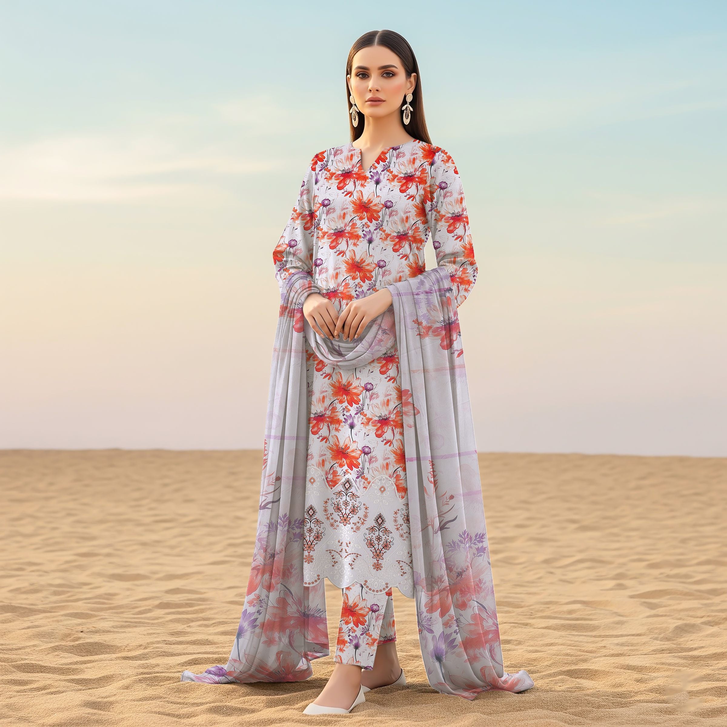 White and lilac floral embroidered viscose shirt front view ZAMARANG