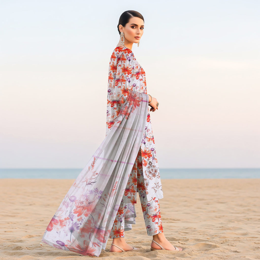 Digital printed white and lilac floral dupatta with embroidered suit