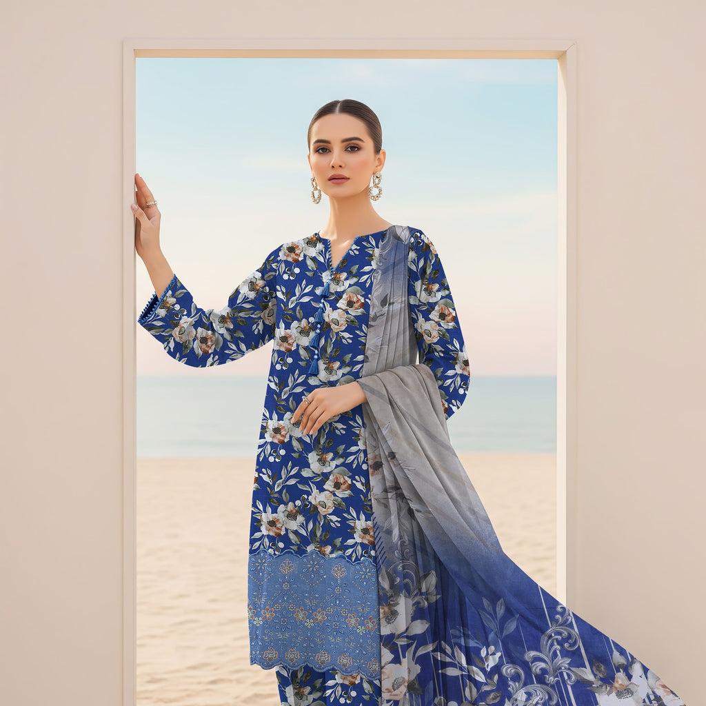 Royal blue floral embroidered viscose shirt front view ZAMARANG