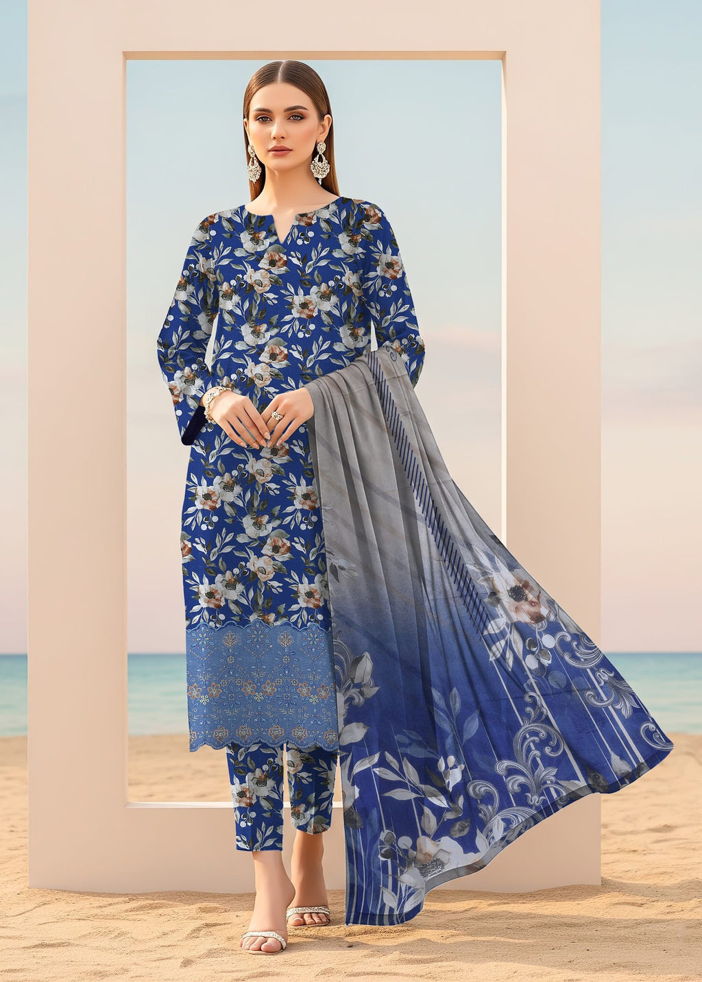 Digital printed floral dupatta with royal blue embroidered suit ZAMARANG