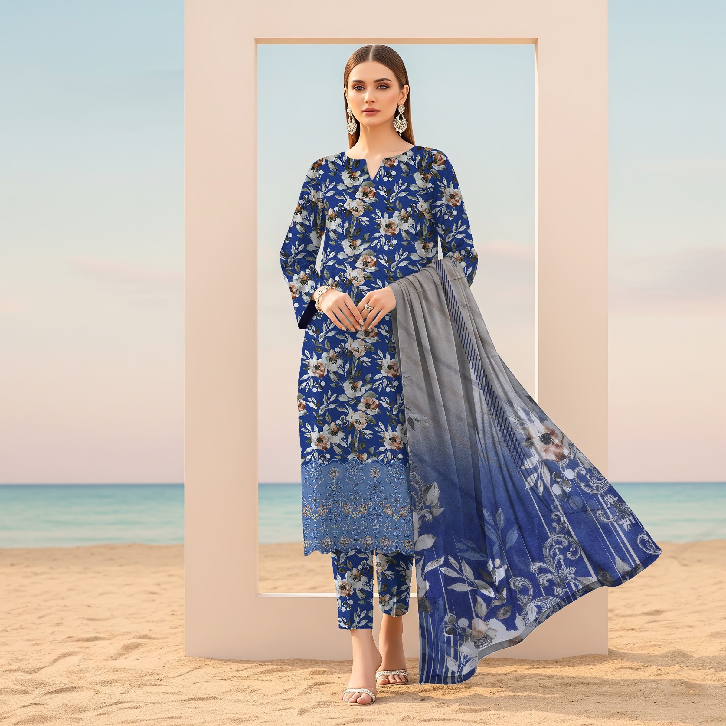 Digital printed floral dupatta with royal blue embroidered suit ZAMARANG