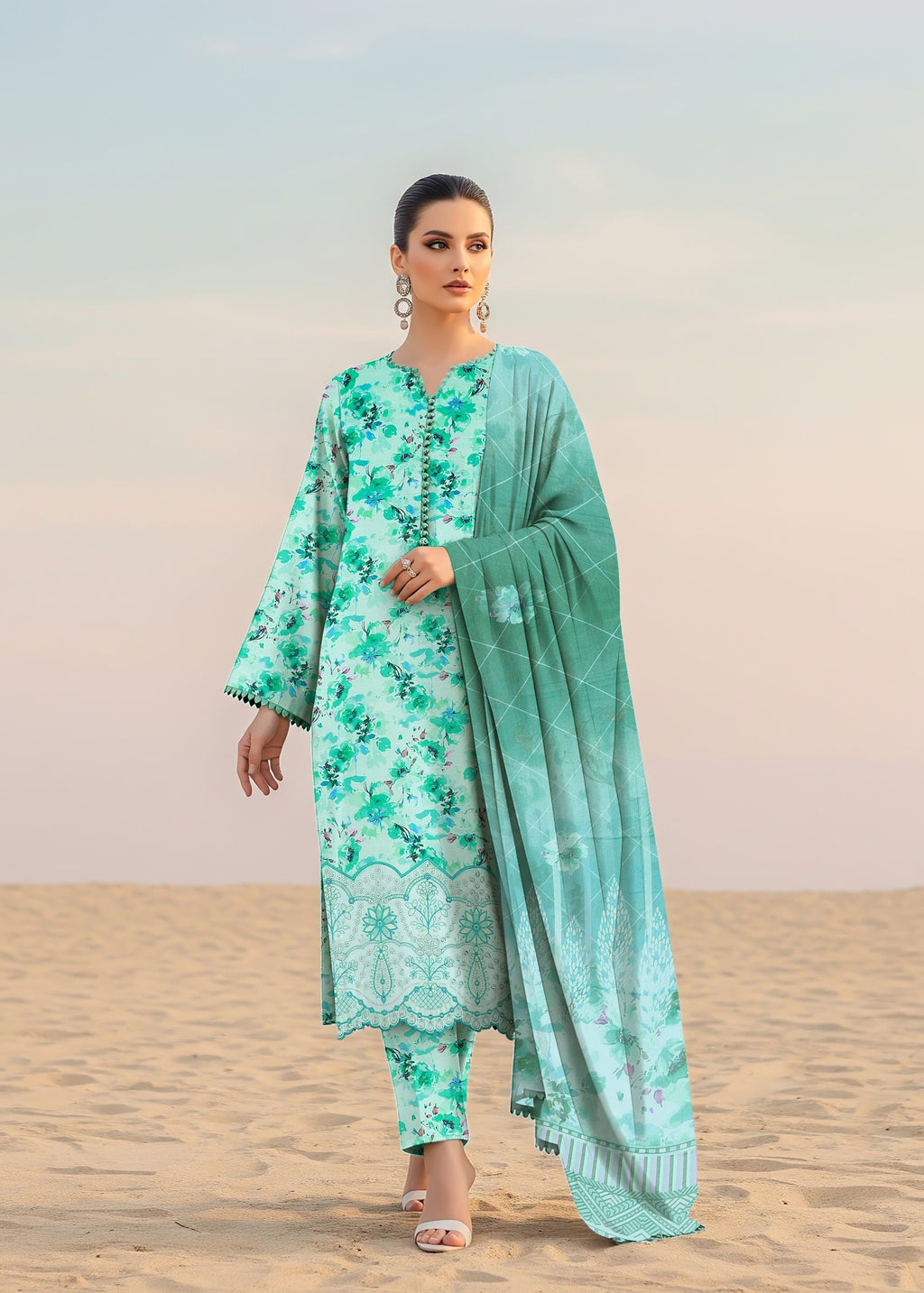 3 Piece Mint Green Floral Printed Embroidered Suit VISCOSE