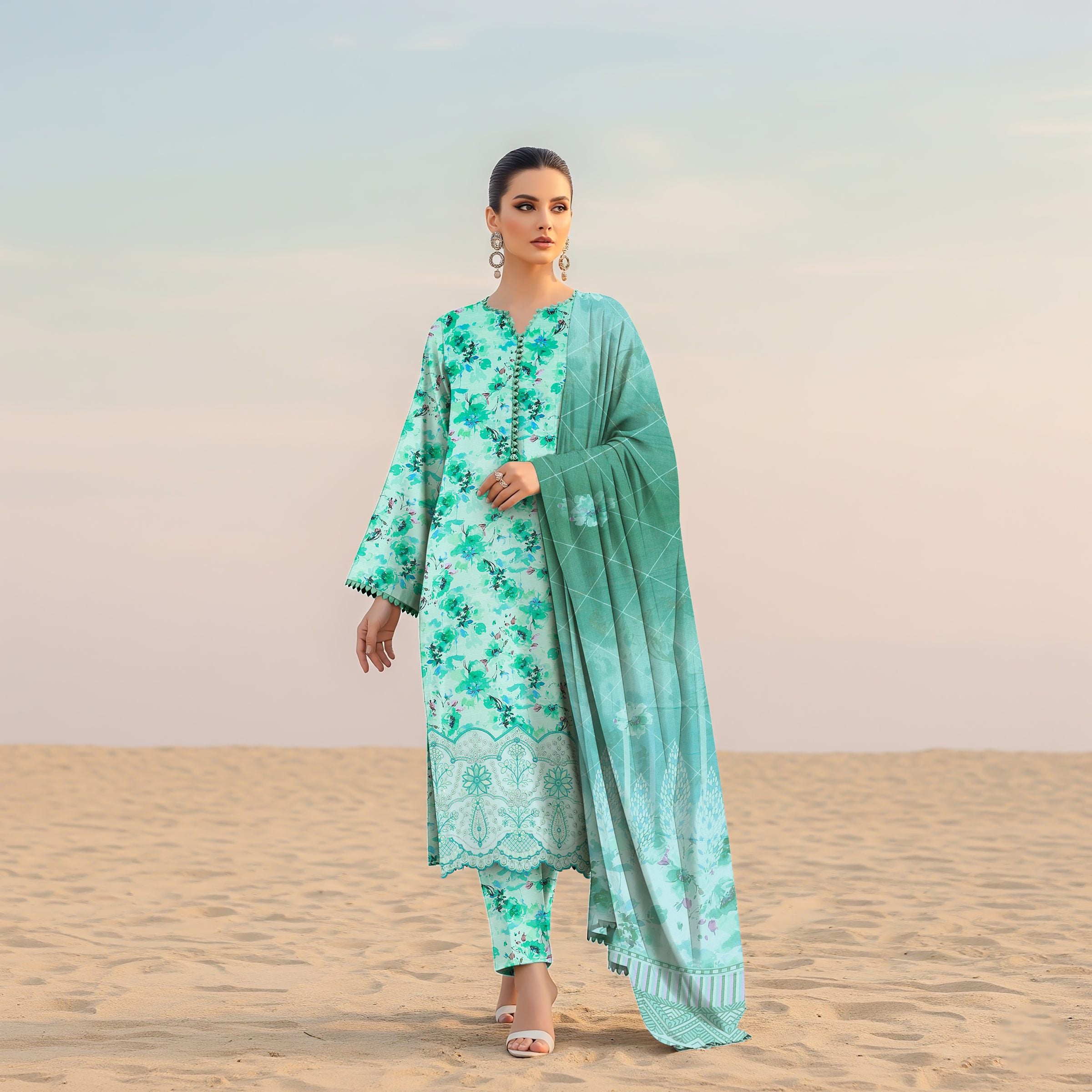 3 Piece Mint Green Floral Printed Embroidered Suit VISCOSE