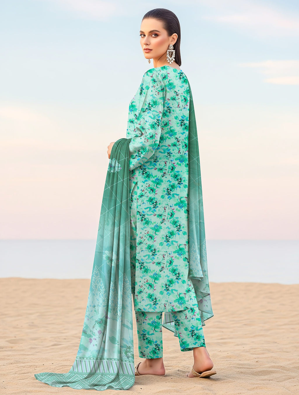 3 Piece Mint Green Floral Printed Embroidered Suit VISCOSE