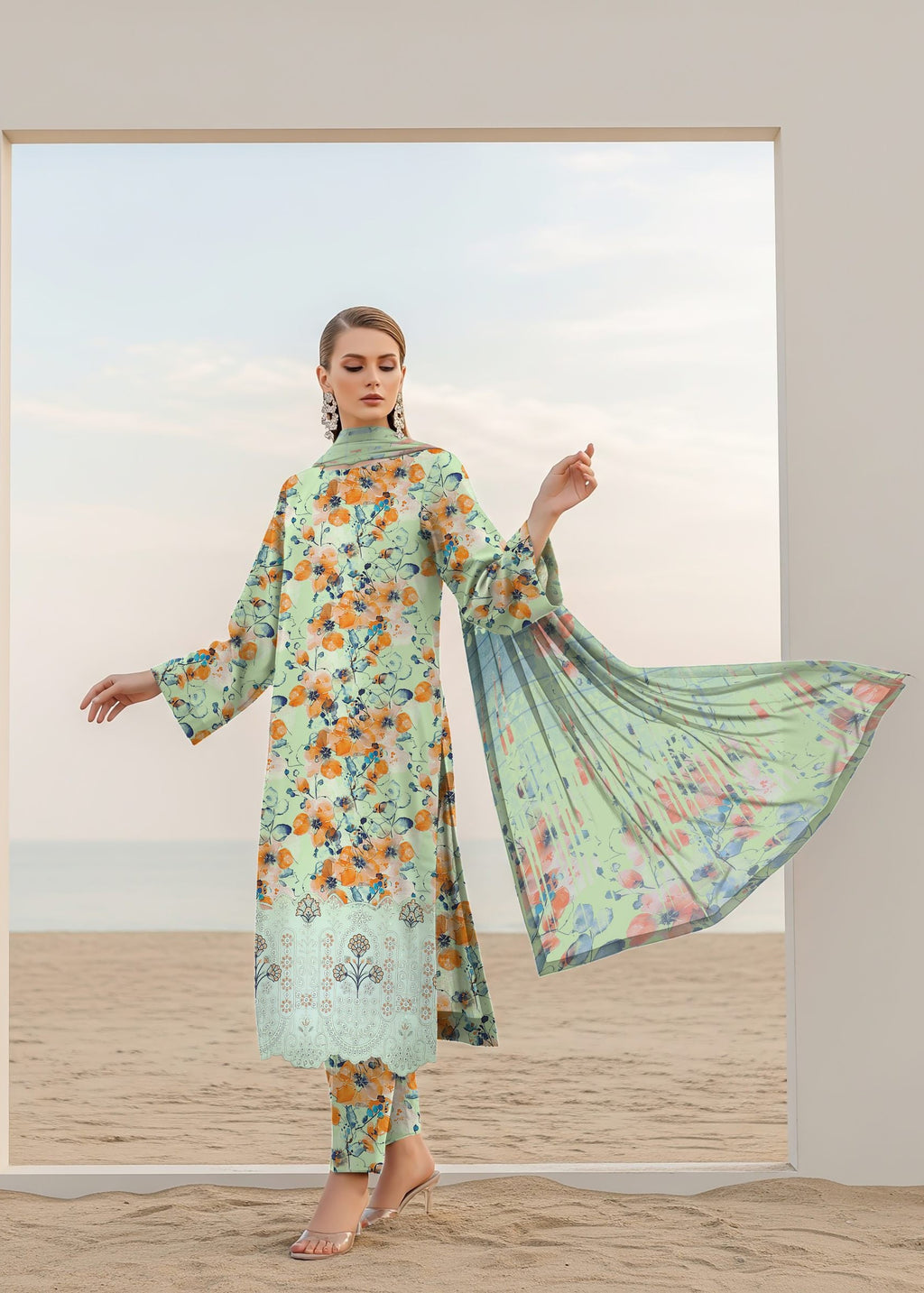 Close up of floral embroidery on mint green viscose shirt ZAMARANG