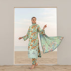 Close up of floral embroidery on mint green viscose shirt ZAMARANG