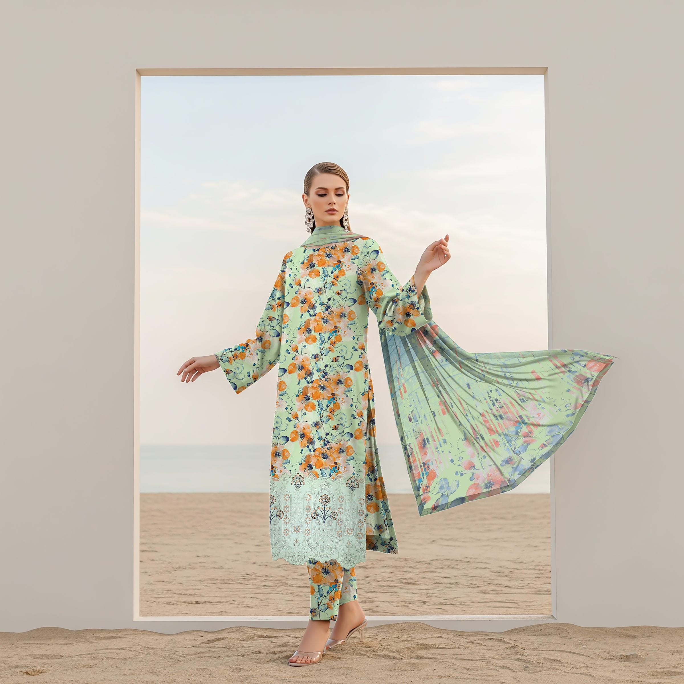 Close up of floral embroidery on mint green viscose shirt ZAMARANG