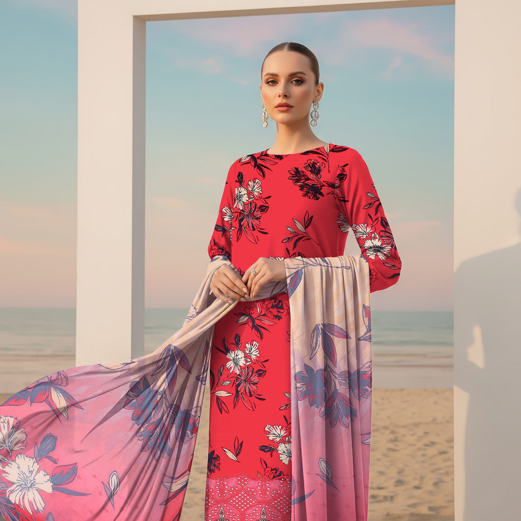 Red floral embroidered viscose 3 piece suit front view by ZAMARANG