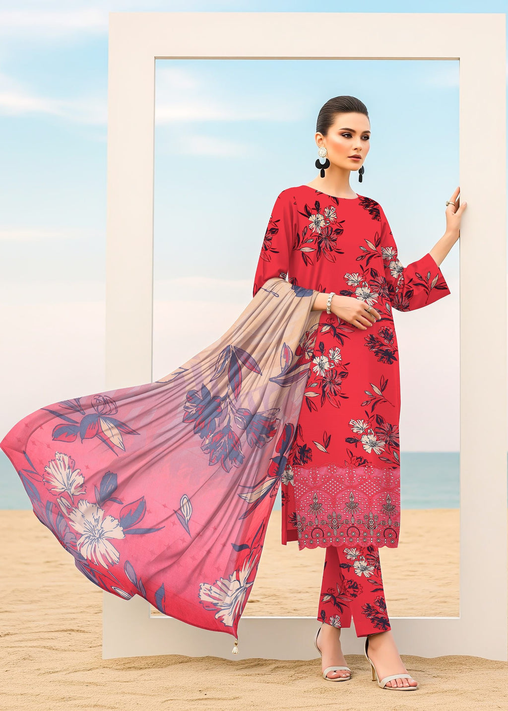 Digitally printed embroidered dupatta detail of red viscose suit by ZAMARANG
