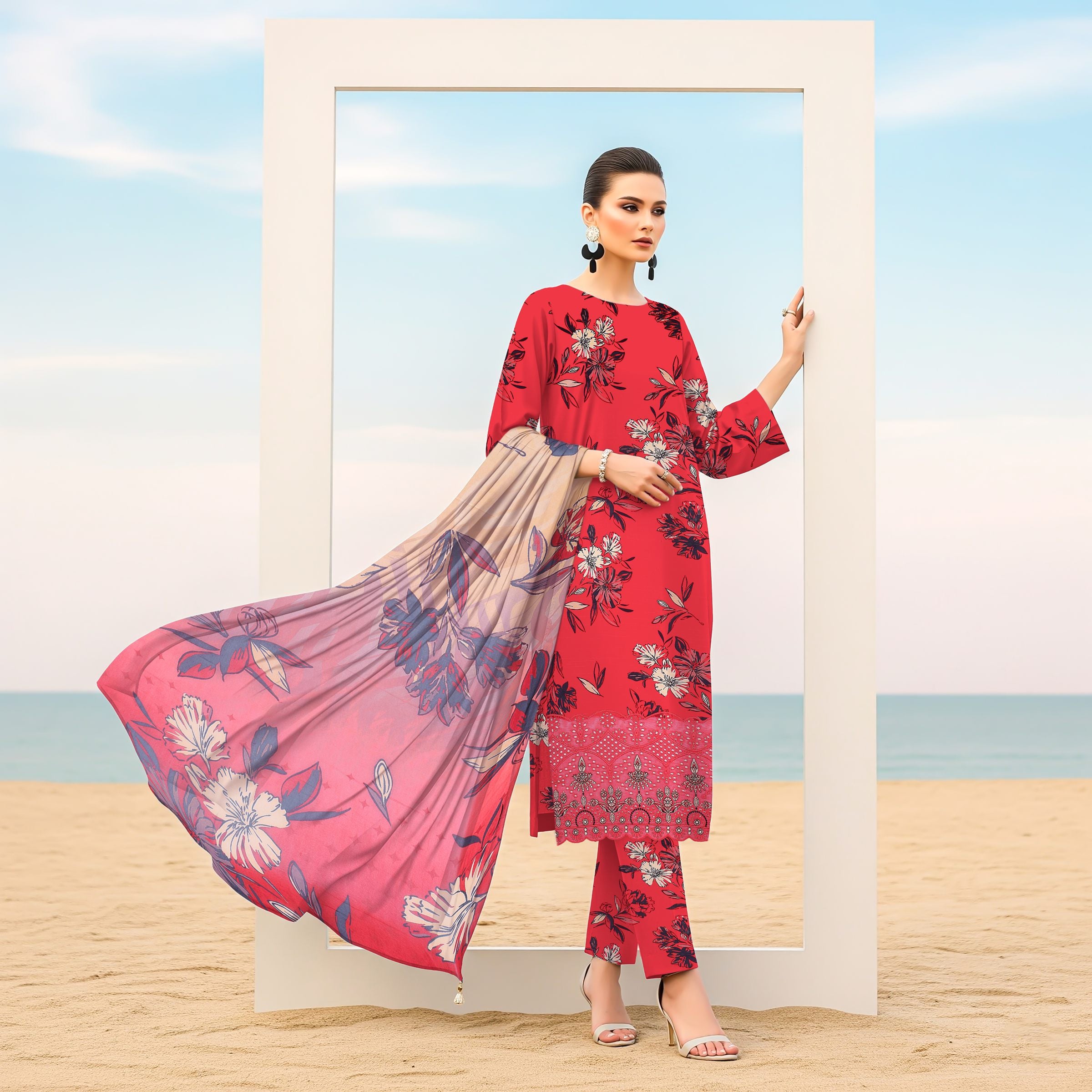 Digitally printed embroidered dupatta detail of red viscose suit by ZAMARANG