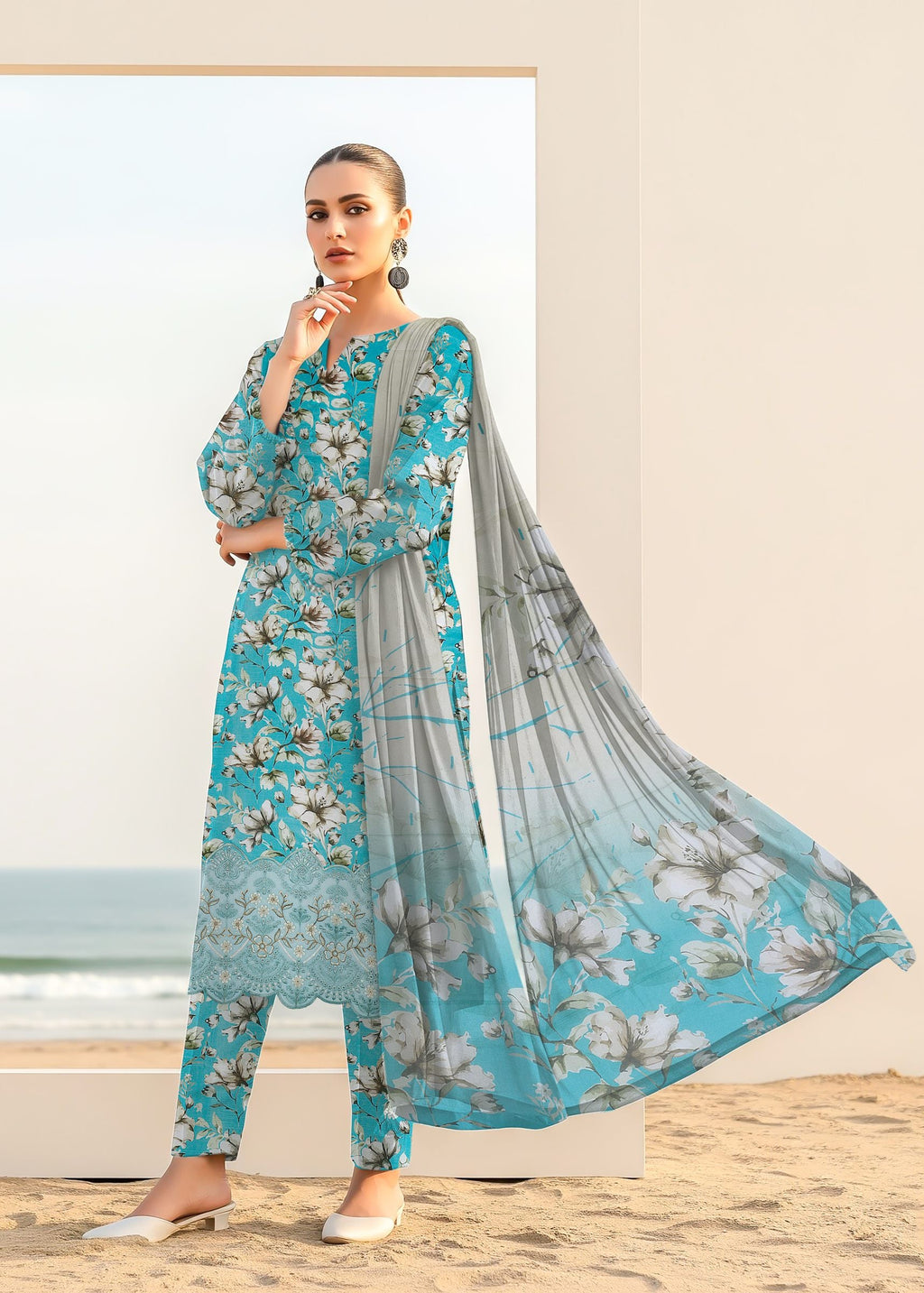 Aqua Blue floral embroidered viscose 3 Piece suit front view ZAMARANG