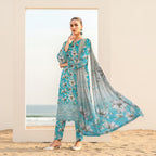 Aqua Blue floral embroidered viscose 3 Piece suit front view ZAMARANG