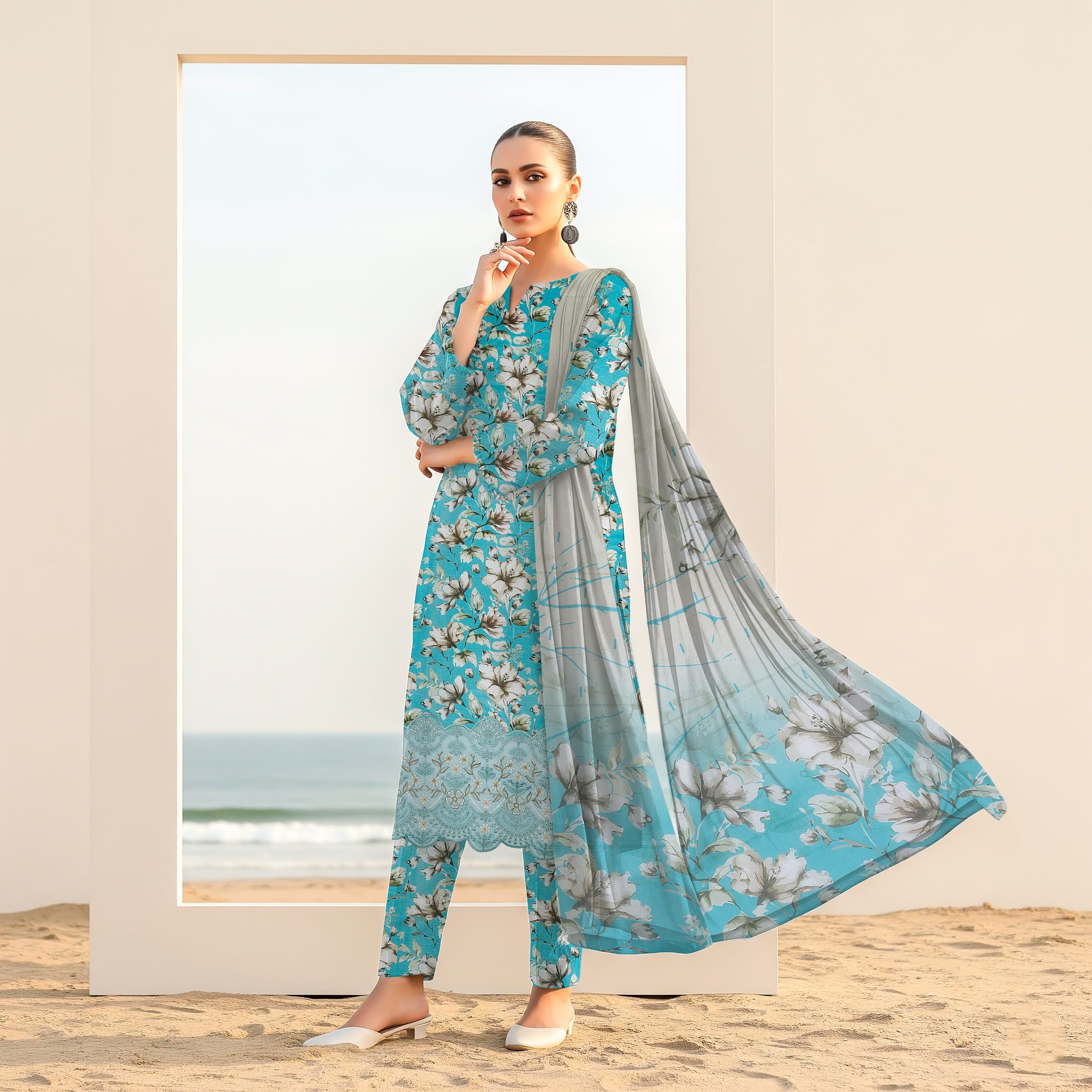 Aqua Blue floral embroidered viscose 3 Piece suit front view ZAMARANG
