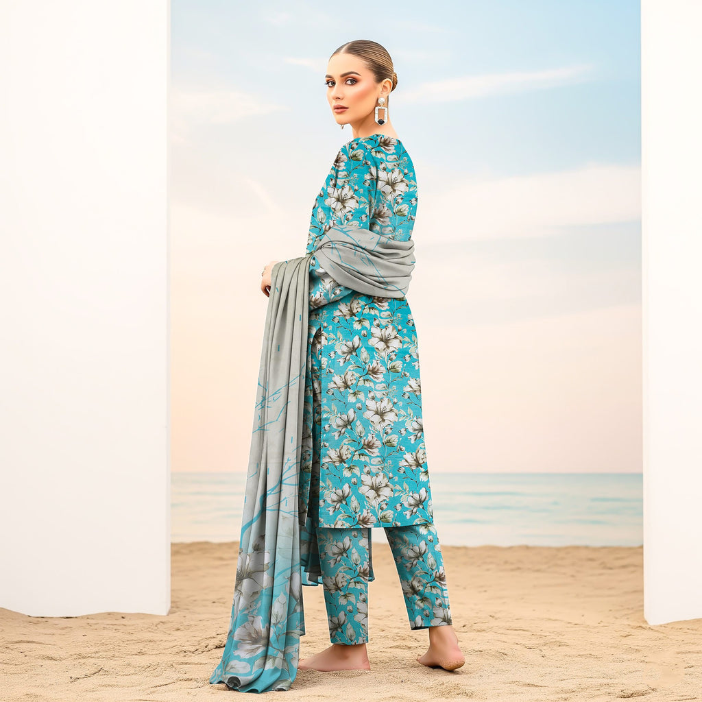 Digitally printed embroidered dupatta detail aqua blue suit ZAMARANG