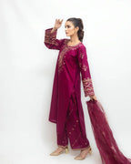 Hand embroidered maroon kurta with matching trouser and dupatta