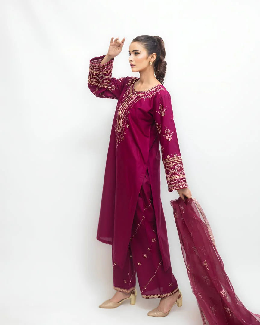 Hand embroidered maroon kurta with matching trouser and dupatta