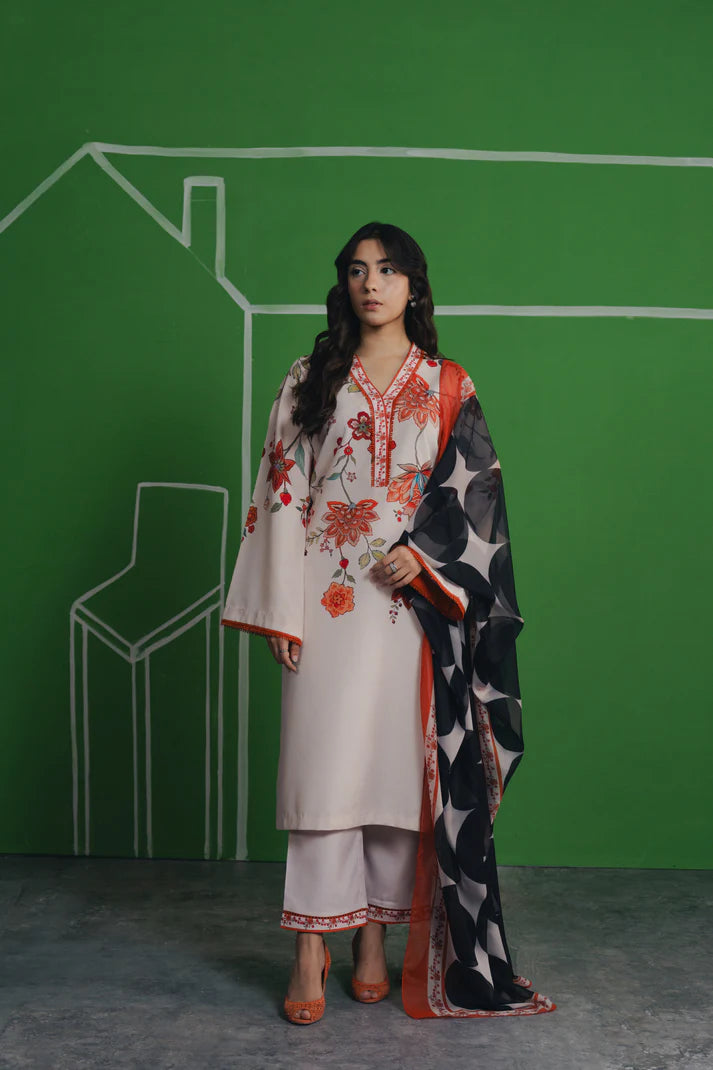 Ivory kurta with coral floral prints full outfit view Coral Garden set
