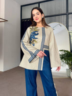 Korean silk stitched two-piece suit – front pose with flared sleeves