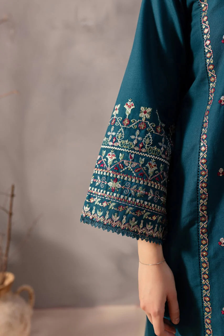 Lifestyle styling of Azure Blue embroidered 2 piece set