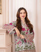 Lightweight stitched lawn suit in grey with pink digital design
