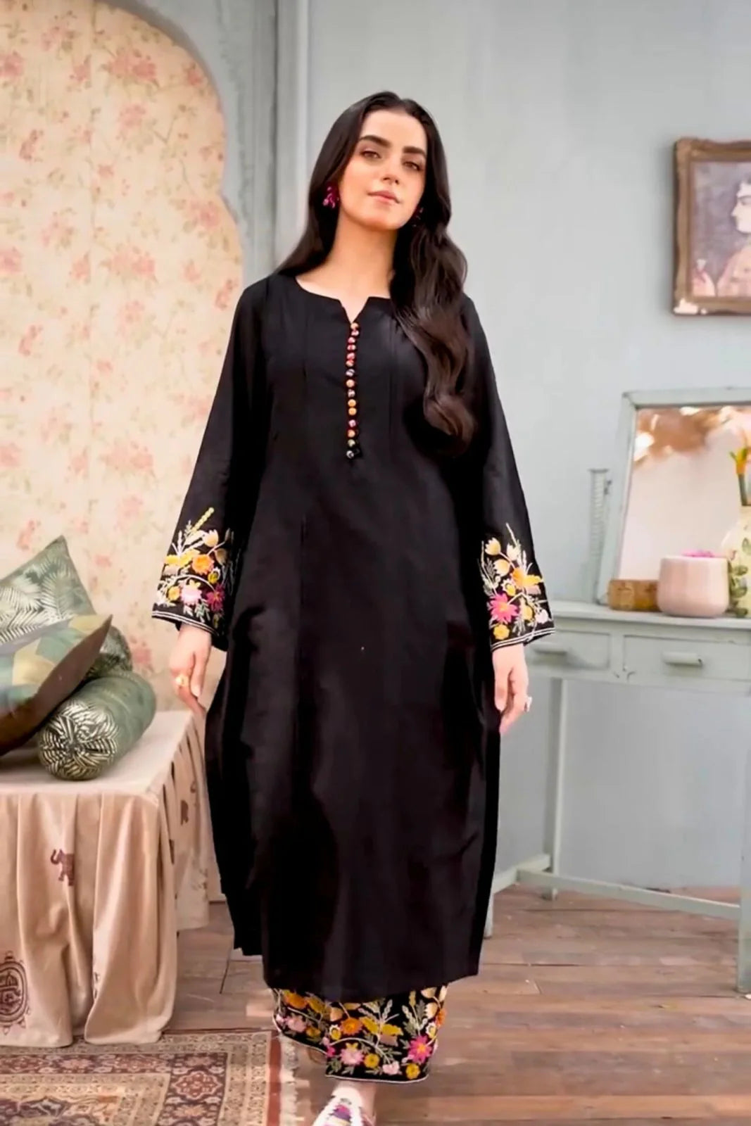 Midnight Aura embroidered linen 2 piece suit front view ZAMARANG