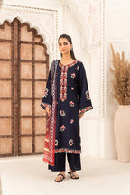 Midnight navy floral embroidered linen shirt front view ZAMARANG