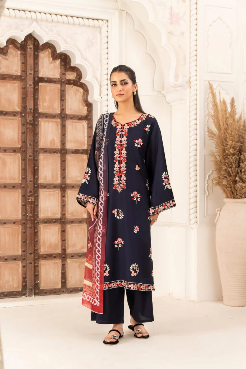 Midnight navy floral embroidered linen shirt front view ZAMARANG