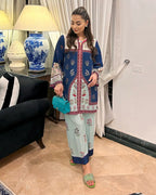 Mint printed trousers with royal blue border from ZAMARANG Noor-E-Bahar set