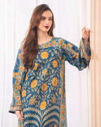 Model in teal 2-piece digital printed lawn suit for festive daywear
