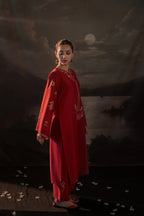 Model showcasing elegant crimson embroidered 2-piece suit full outfit