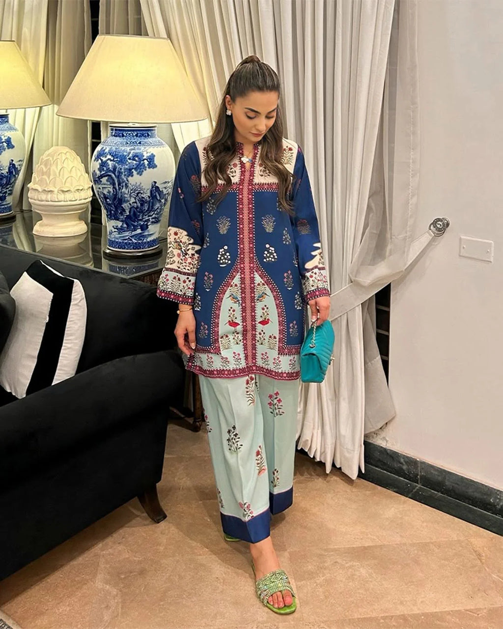 Model wearing Noor-E-Bahar 2-piece digital outfit by ZAMARANG for festive brunch