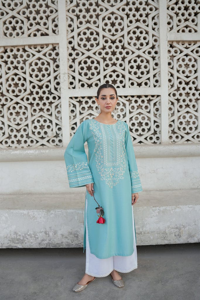 Model wearing Powder Blue embroidered 2 piece stitched linen suit by ZAMARANG