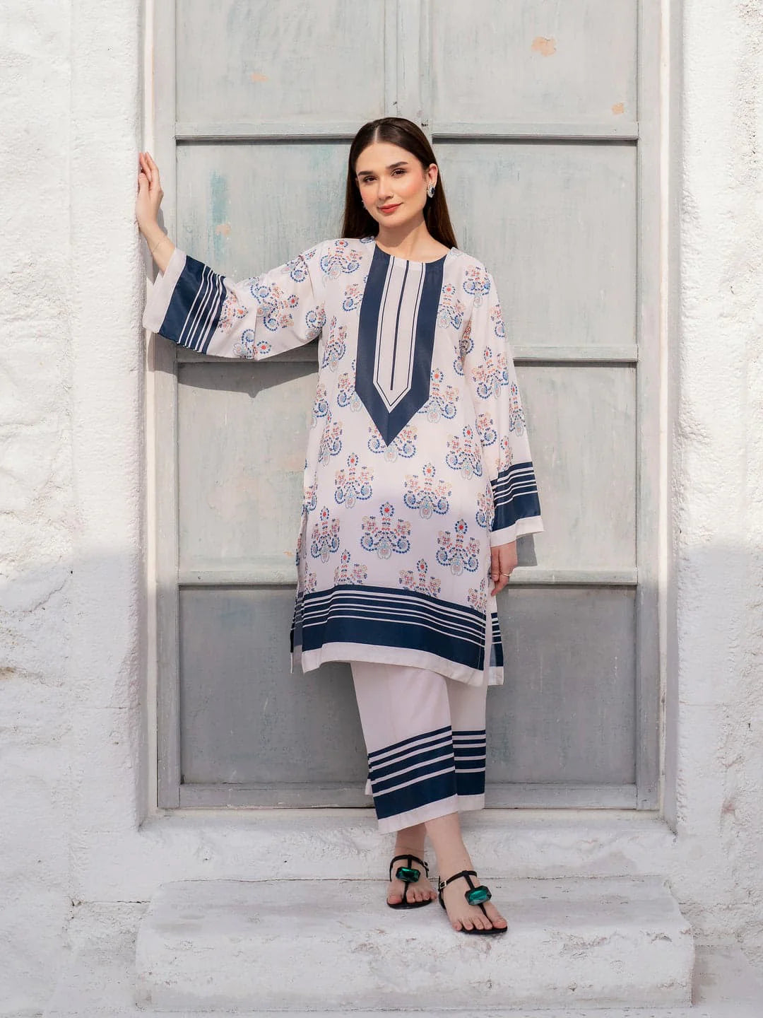 Nila Stripe navy and white digital lawn kurta front view ZAMARANG