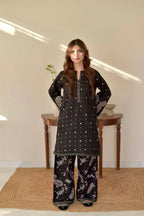Onyx Paisley embroidered Arabic lawn 2 piece suit front view ZAMARANG