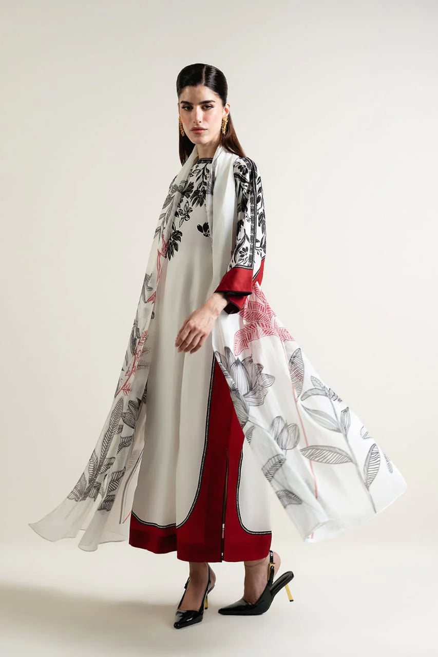 Printed dupatta with monochrome floral motif ZAMARANG