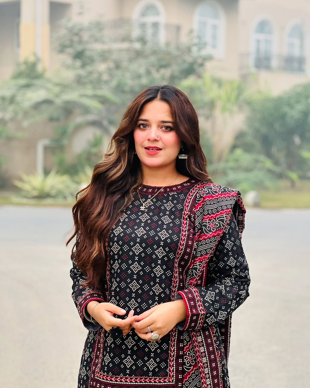 Printed dupatta with red and black tribal border in 3 piece suit