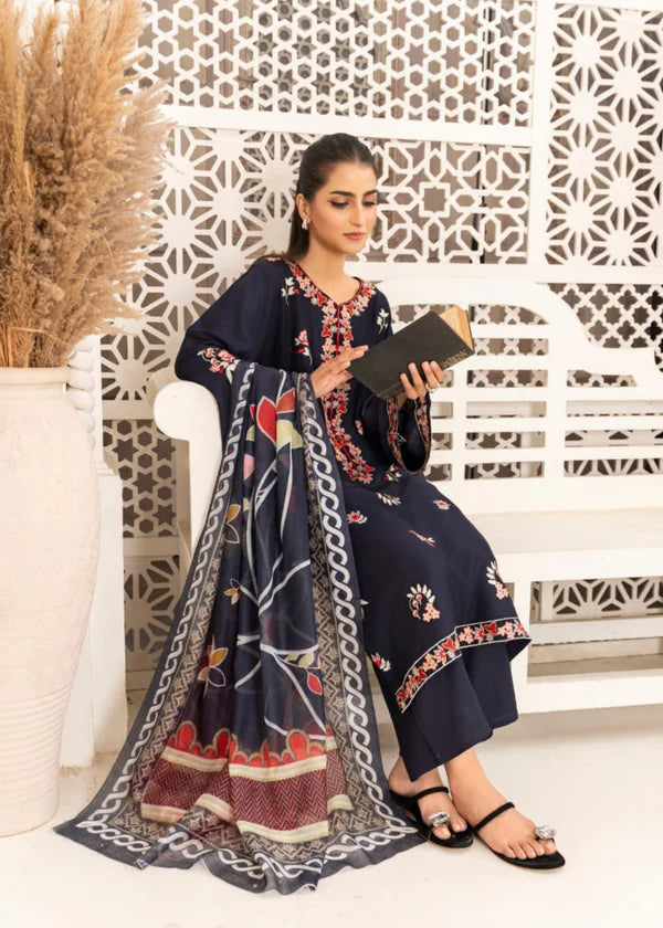 Printed floral dupatta with midnight navy embroidered suit ZAMARANG