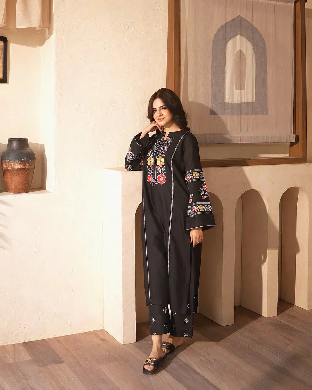 Pure lawn long length shirt with multi colour floral embroidery ZAMARANG