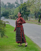 Red ethnic jacket paired with digital black lawn kurta