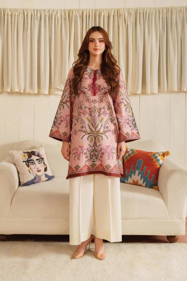 Rosaline pink floral digital silk kurta front view ZAMARANG
