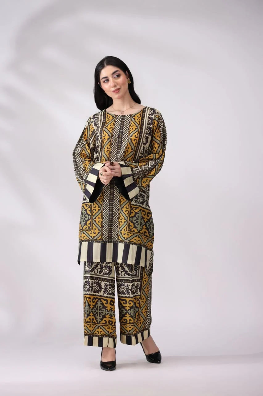 Saffron Mosaic digital printed poly lawn 2 piece suit front view ZAMARANG