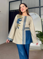 Stylish ready-to-wear beige & teal suit by ZAMARANG – side view