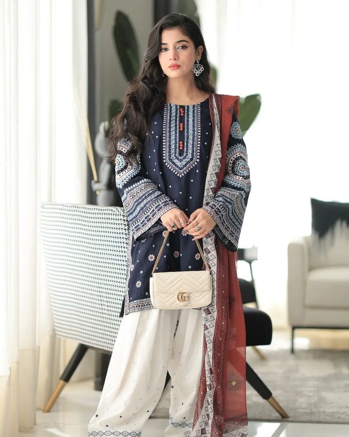 Twilight Mandala embroidered Arabic lawn 3 piece suit front view ZAMARANG