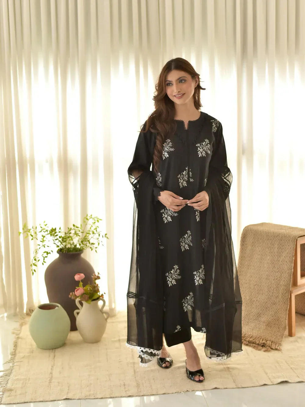 Black floral embroidered lawn shirt front view ZAMARANG