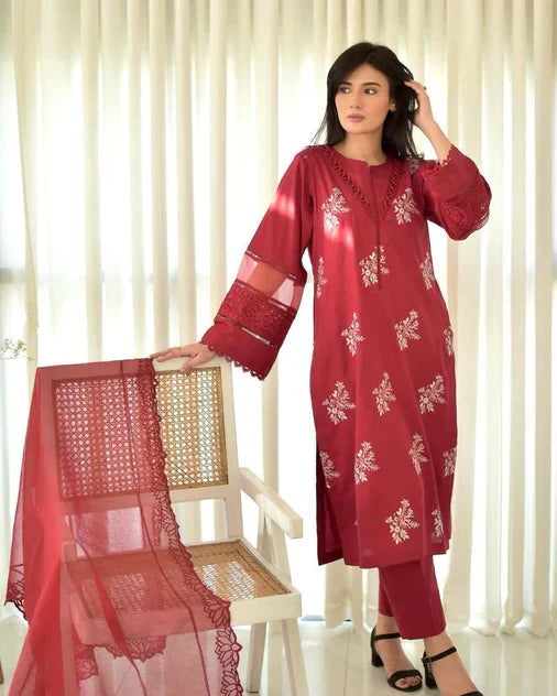 Red floral embroidered shirt front view ZAMARANG