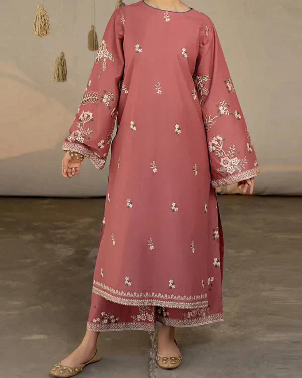 Women’s dusty rose embroidered kurta and trouser outfit lifestyle shot