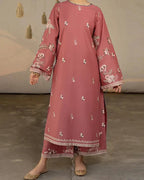 Women’s dusty rose embroidered kurta and trouser outfit lifestyle shot